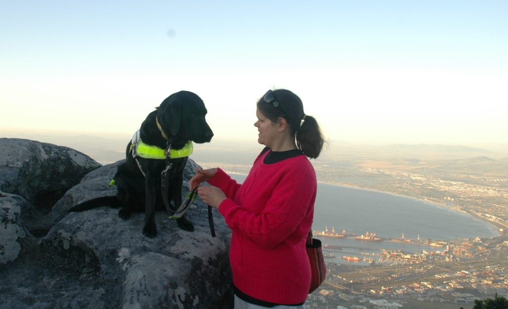 A guide dog sits on a slab of rock, and a woman stands alongside. Far below, a city and seascape is just visible. The dog looks solemn and as though it is listening intently to the woman.