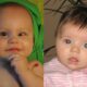 Two photo panels side by side. On the left, a baby boy is seen with the left eye turning in towards his nose. On the right, a baby girl has a red reflex in her right eye, while her left eye shows a dull creamy-white reflex.