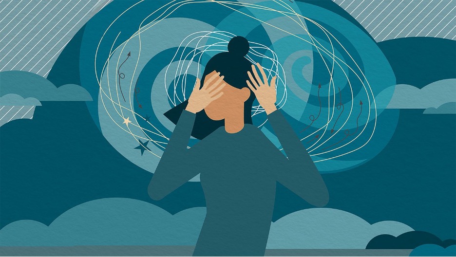 Drawing of a distressed looking woman in a blue shirt with one hand in front of her face and the other held up beside her head, fingers splayed. The background of cyan blue circles, swirls and clouds has a tangle of thin circles and stars surrounding her head, indicating that she is distressed or confused.